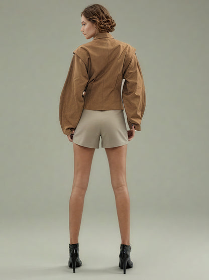 Brownyellow Asymmetric Buckle Cropped Jacket