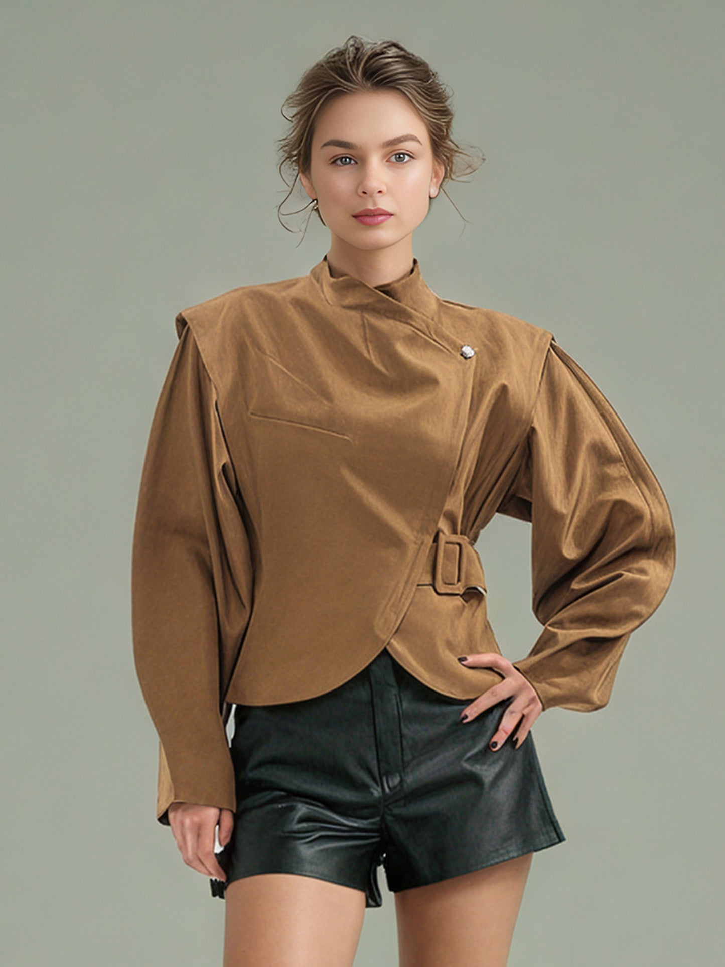 Brownyellow Asymmetric Buckle Cropped Jacket
