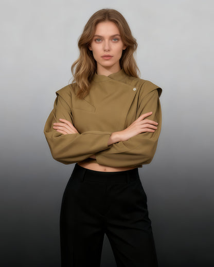 Brownyellow Asymmetric Buckle Cropped Jacket