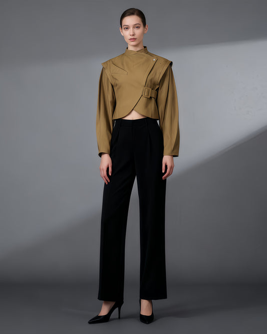 Brownyellow Asymmetric Buckle Cropped Jacket