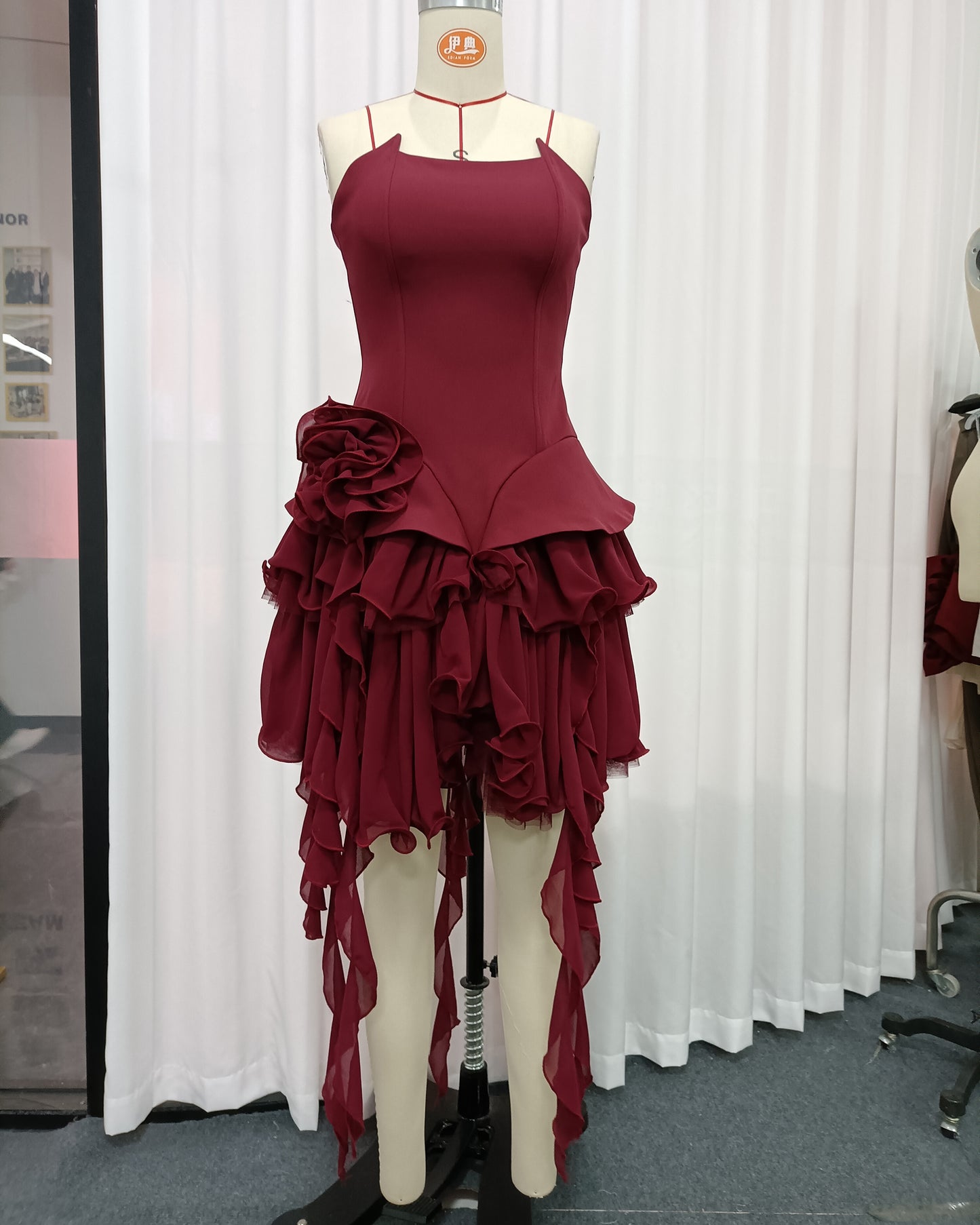 Burgundy 3D Flower Asymmetric Ruffle Mini Dress