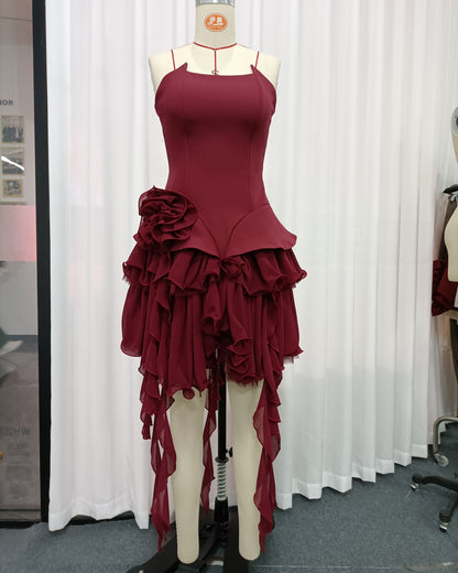 Burgundy 3D Flower Asymmetric Ruffle Mini Dress