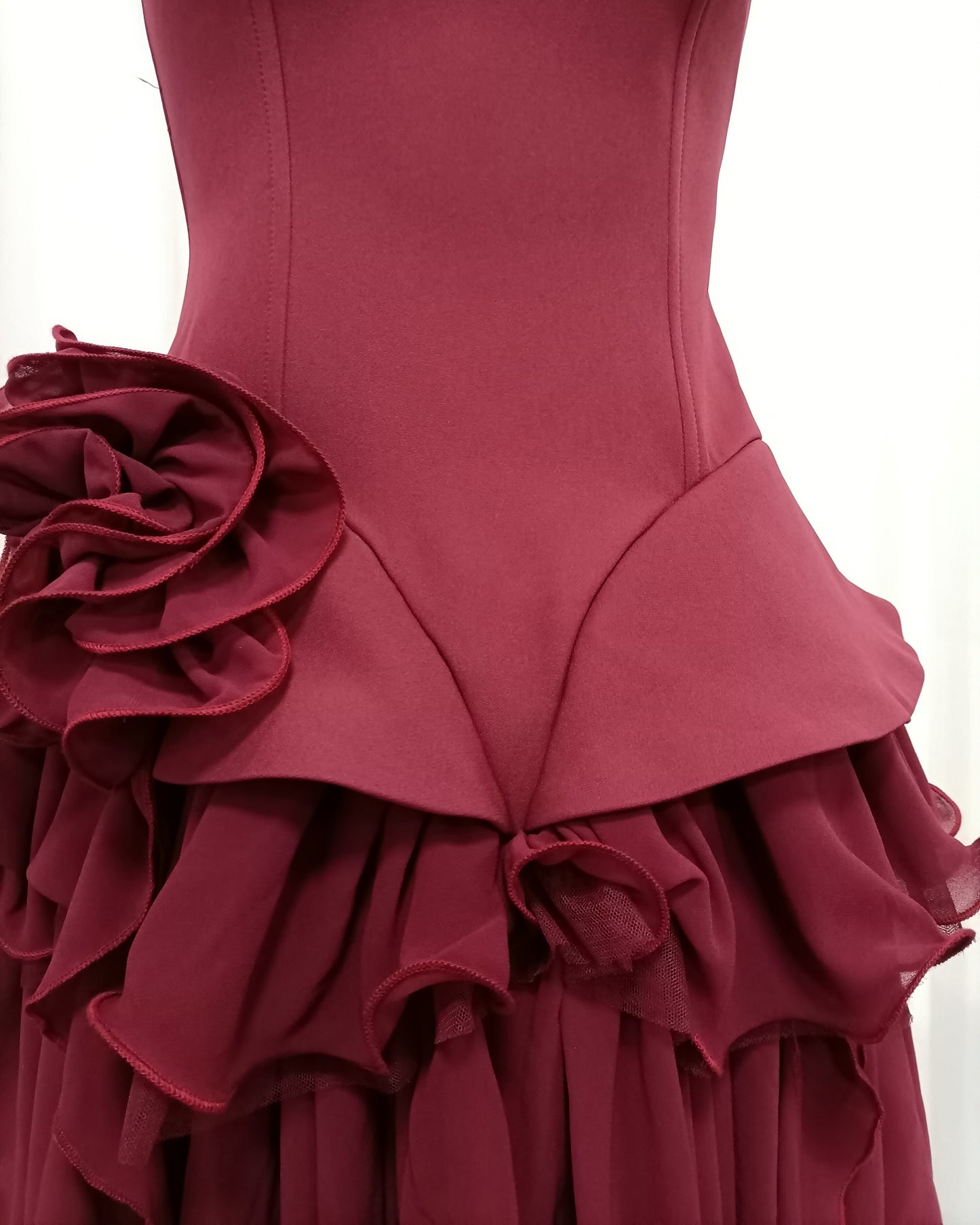 Burgundy 3D Flower Asymmetric Ruffle Mini Dress