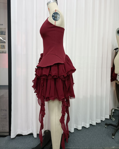 Burgundy 3D Flower Asymmetric Ruffle Mini Dress