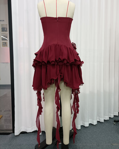 Burgundy 3D Flower Asymmetric Ruffle Mini Dress
