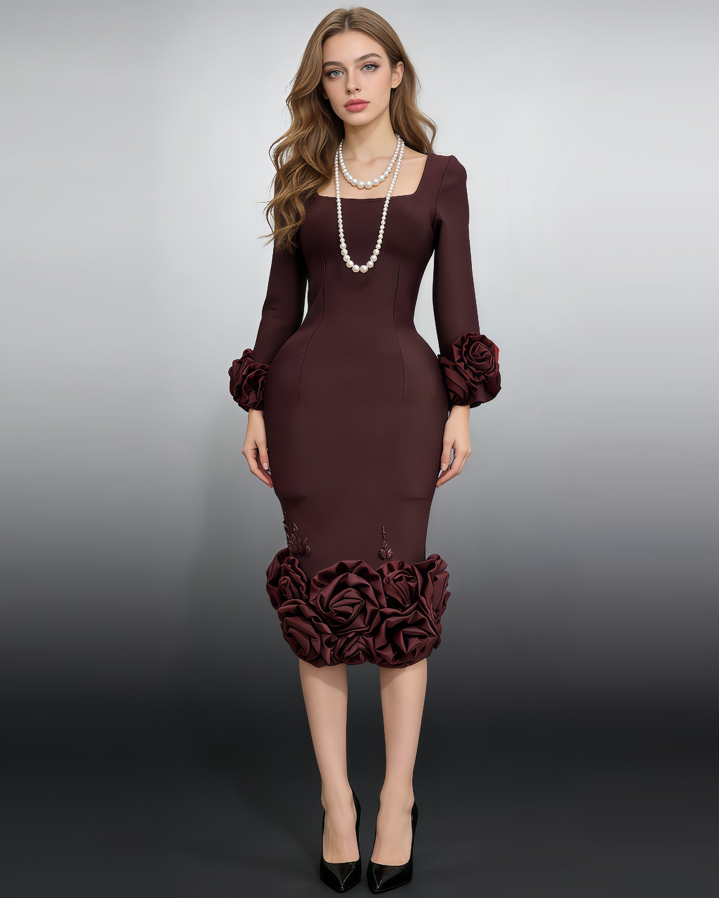 Burgundy 3D Rose Floral Fitted Midi Dress