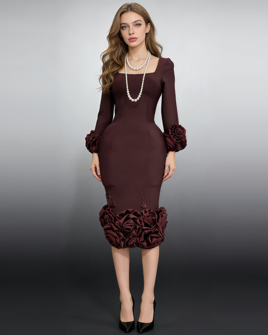 Burgundy 3D Rose Floral Fitted Midi Dress