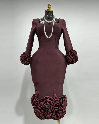 Burgundy 3D Rose Floral Fitted Midi Dress