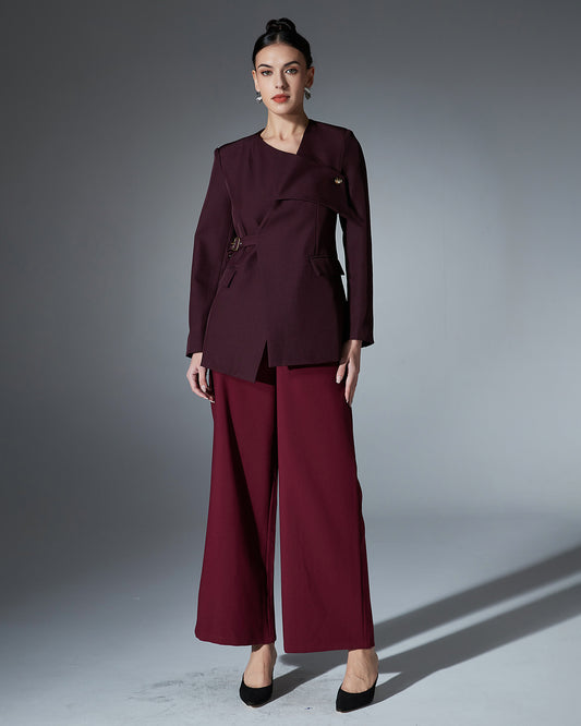Burgundy Asymmetric Belted Blazer