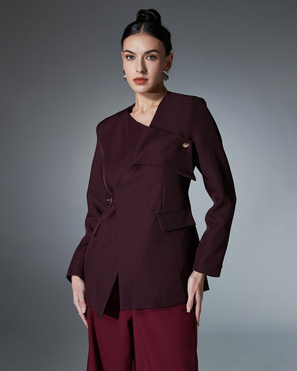 Burgundy Asymmetric Belted Blazer
