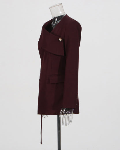 Burgundy Asymmetric Belted Blazer