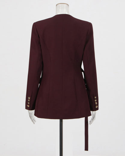 Burgundy Asymmetric Belted Blazer