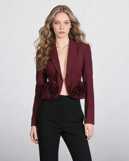 Burgundy Blazer with 3D Rose Accents