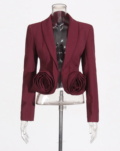 Burgundy Blazer with 3D Rose Accents