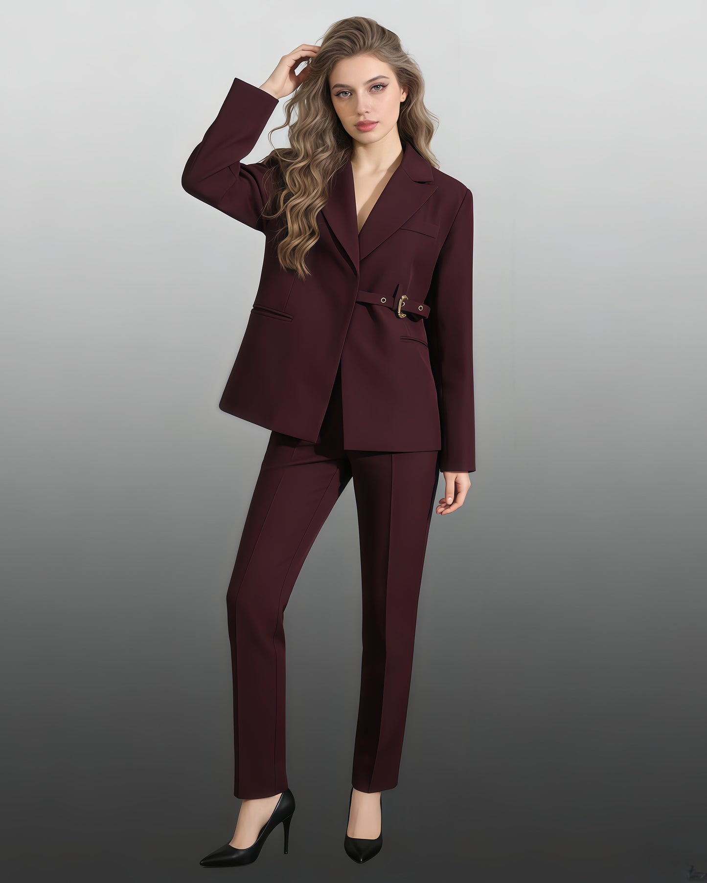 Burgundy Buckle Oversized Blazer