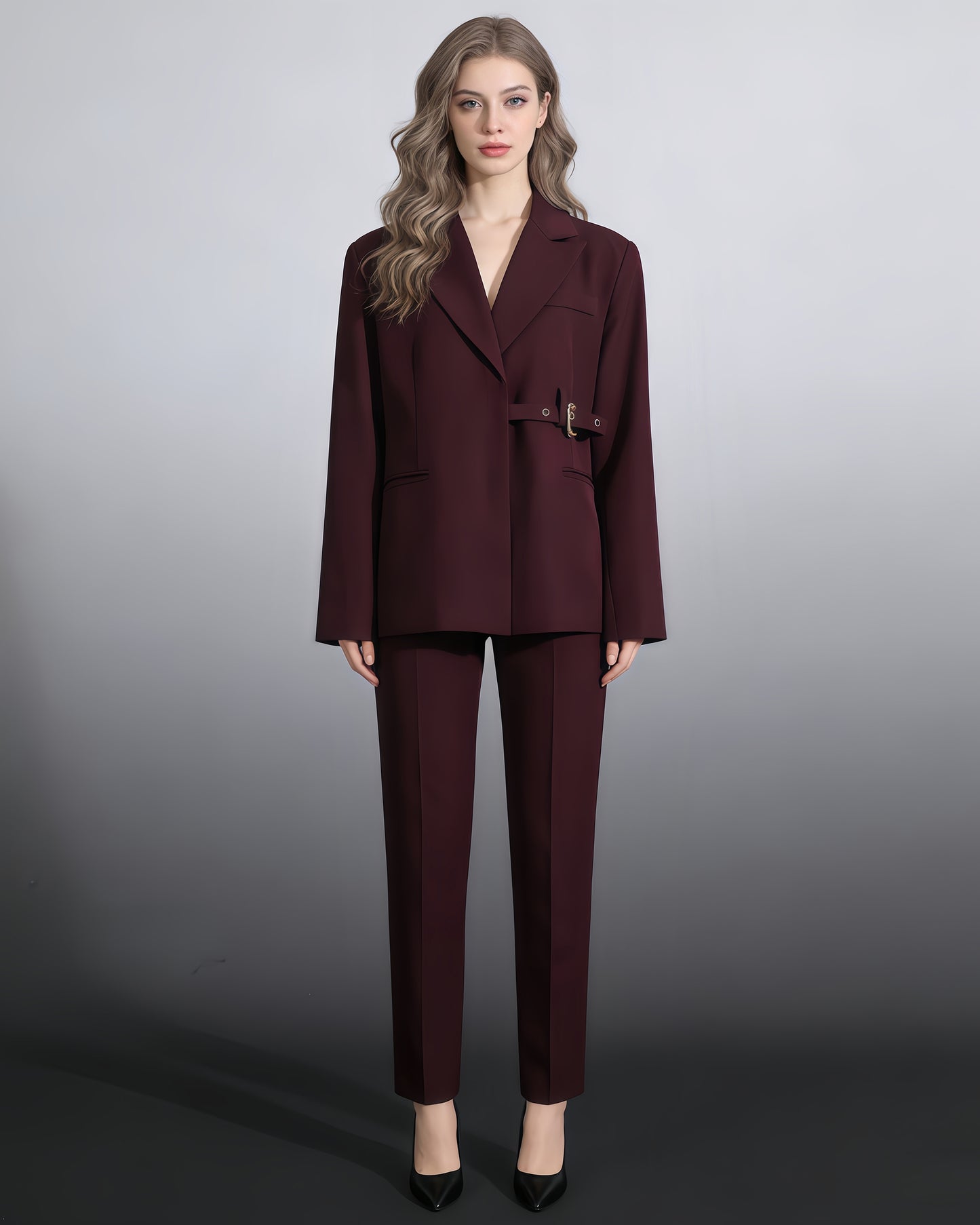 Burgundy Buckle Oversized Blazer