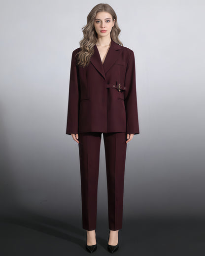 Burgundy Buckle Oversized Blazer