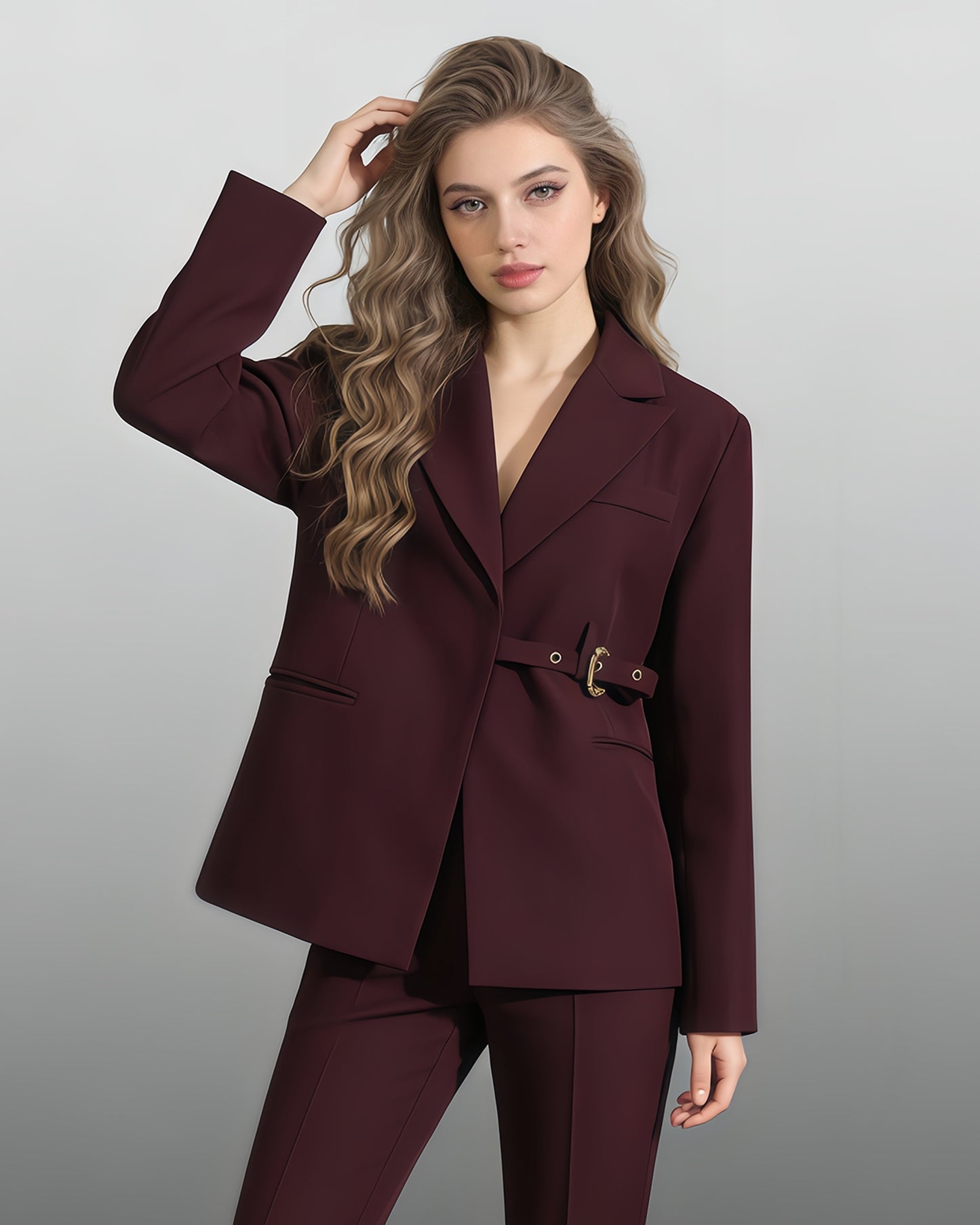 Burgundy Buckle Oversized Blazer