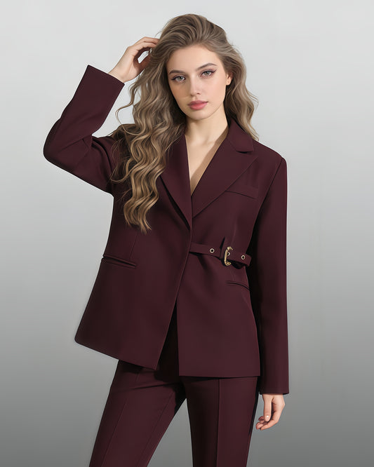 Burgundy Buckle Oversized Blazer