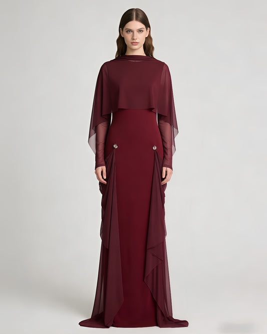 Burgundy Cape Sleeve Draped Maxi Dress