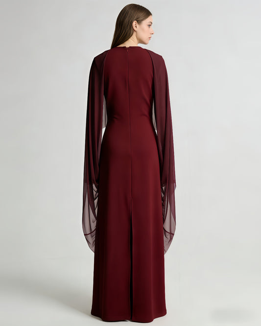 Burgundy Cape Sleeve Draped Maxi Dress
