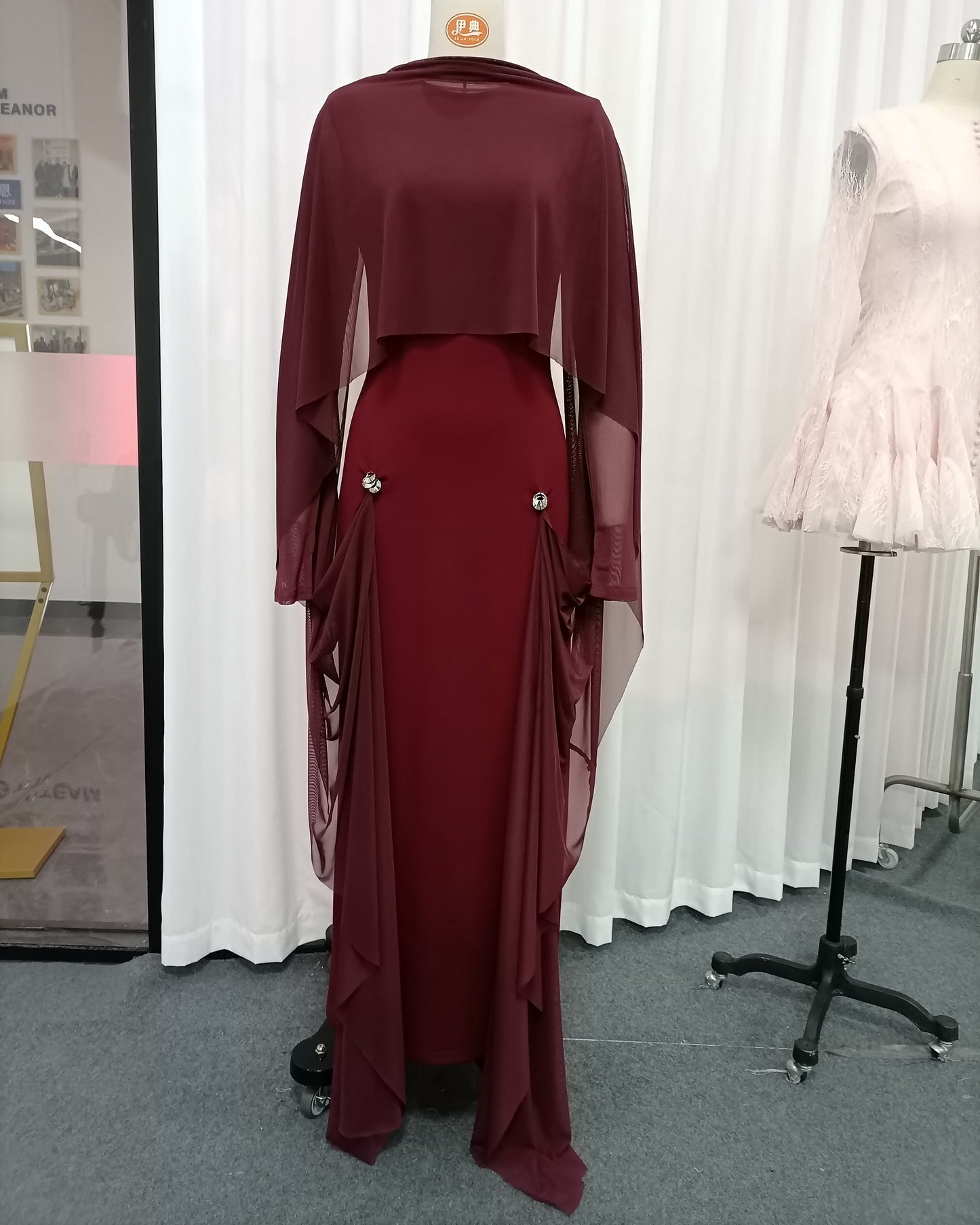 Burgundy Cape Sleeve Draped Maxi Dress