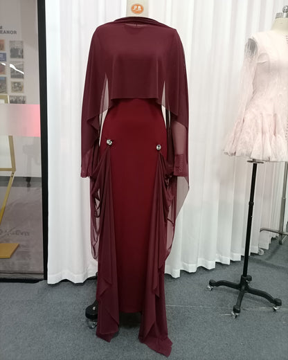 Burgundy Cape Sleeve Draped Maxi Dress