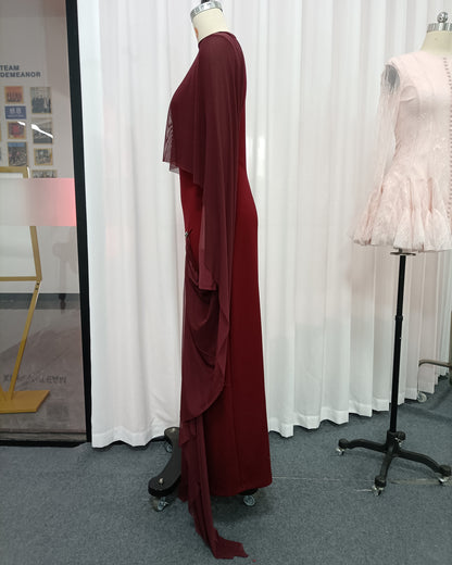 Burgundy Cape Sleeve Draped Maxi Dress