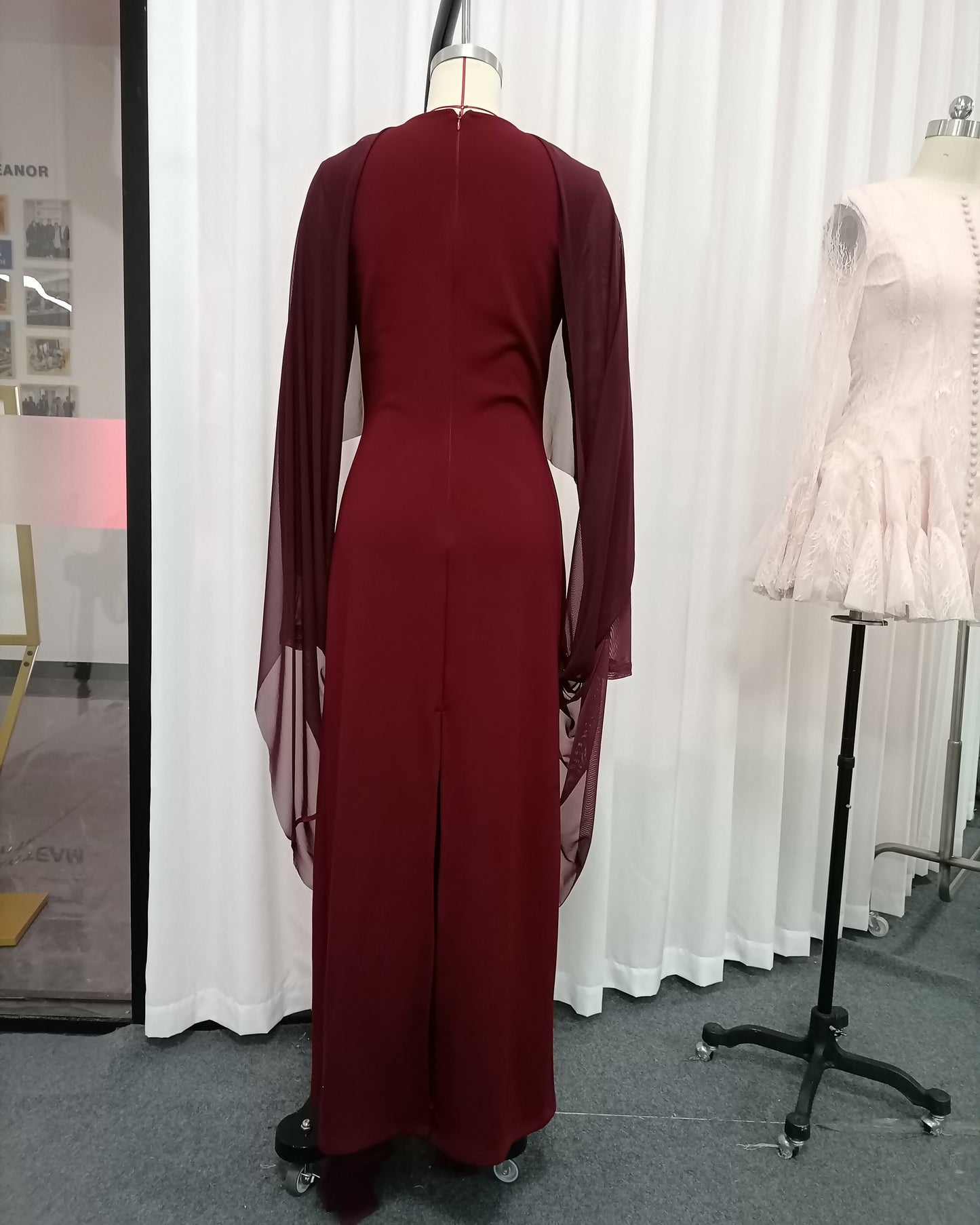 Burgundy Cape Sleeve Draped Maxi Dress