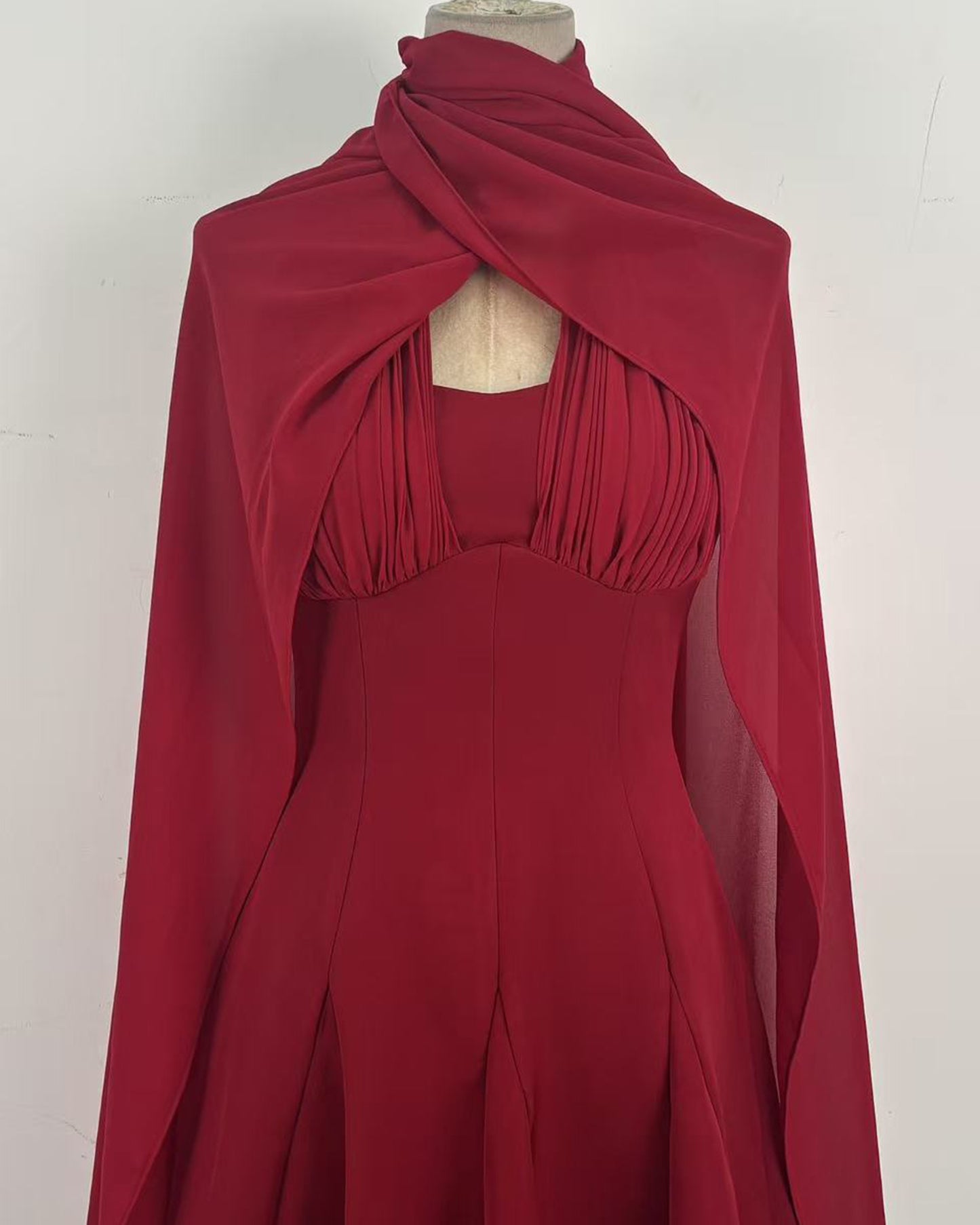 Burgundy Chiffon Evening Gown with Cape