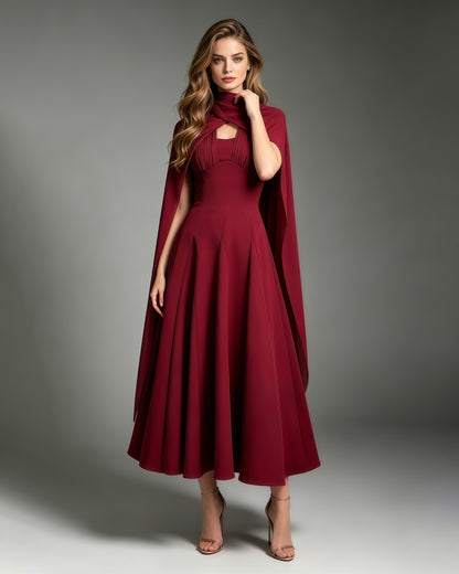 Burgundy Chiffon Evening Gown with Cape