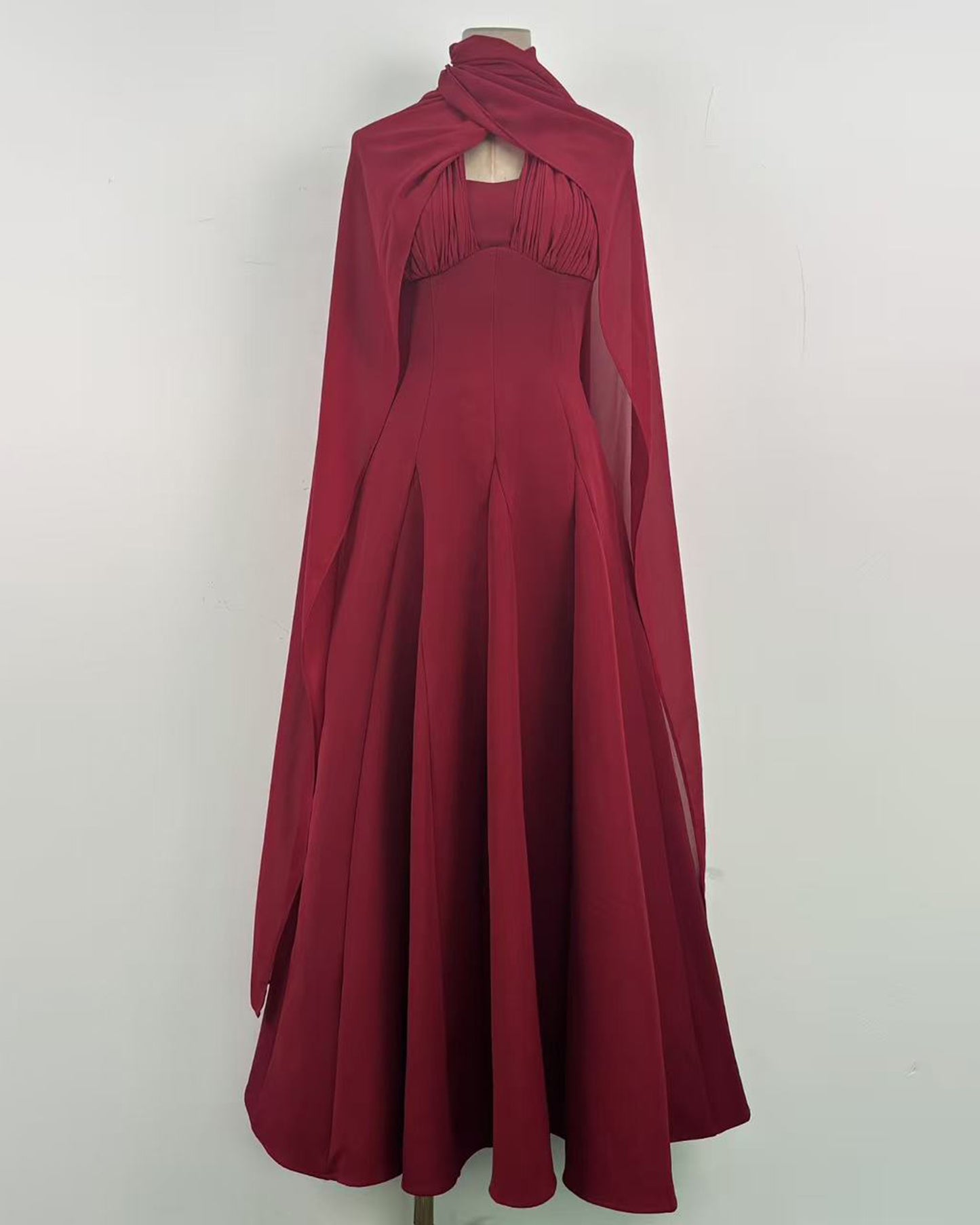 Burgundy Chiffon Evening Gown with Cape