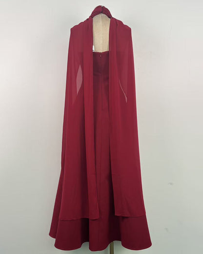 Burgundy Chiffon Evening Gown with Cape