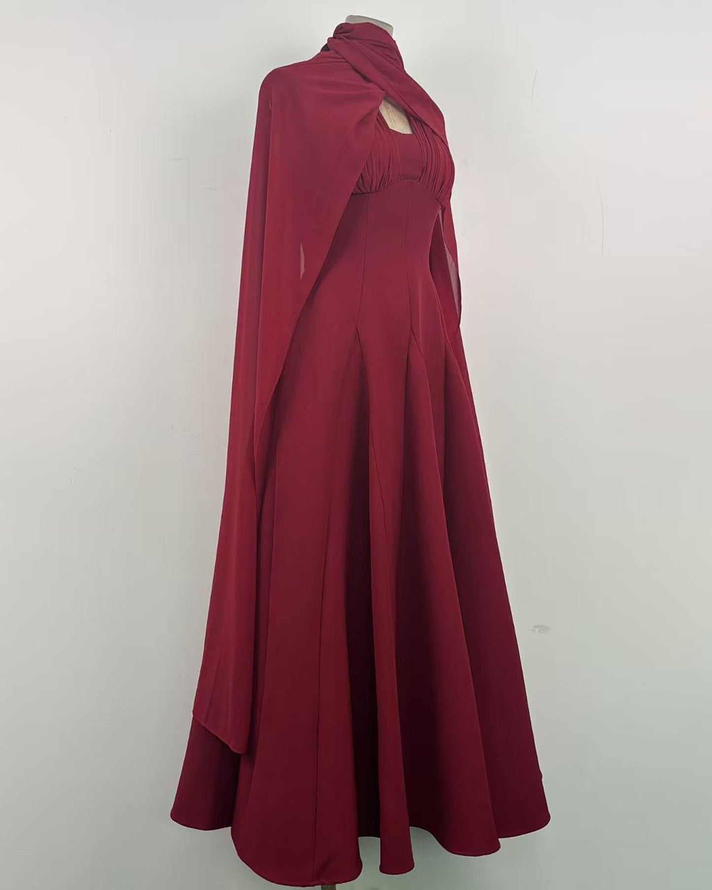Burgundy Chiffon Evening Gown with Cape