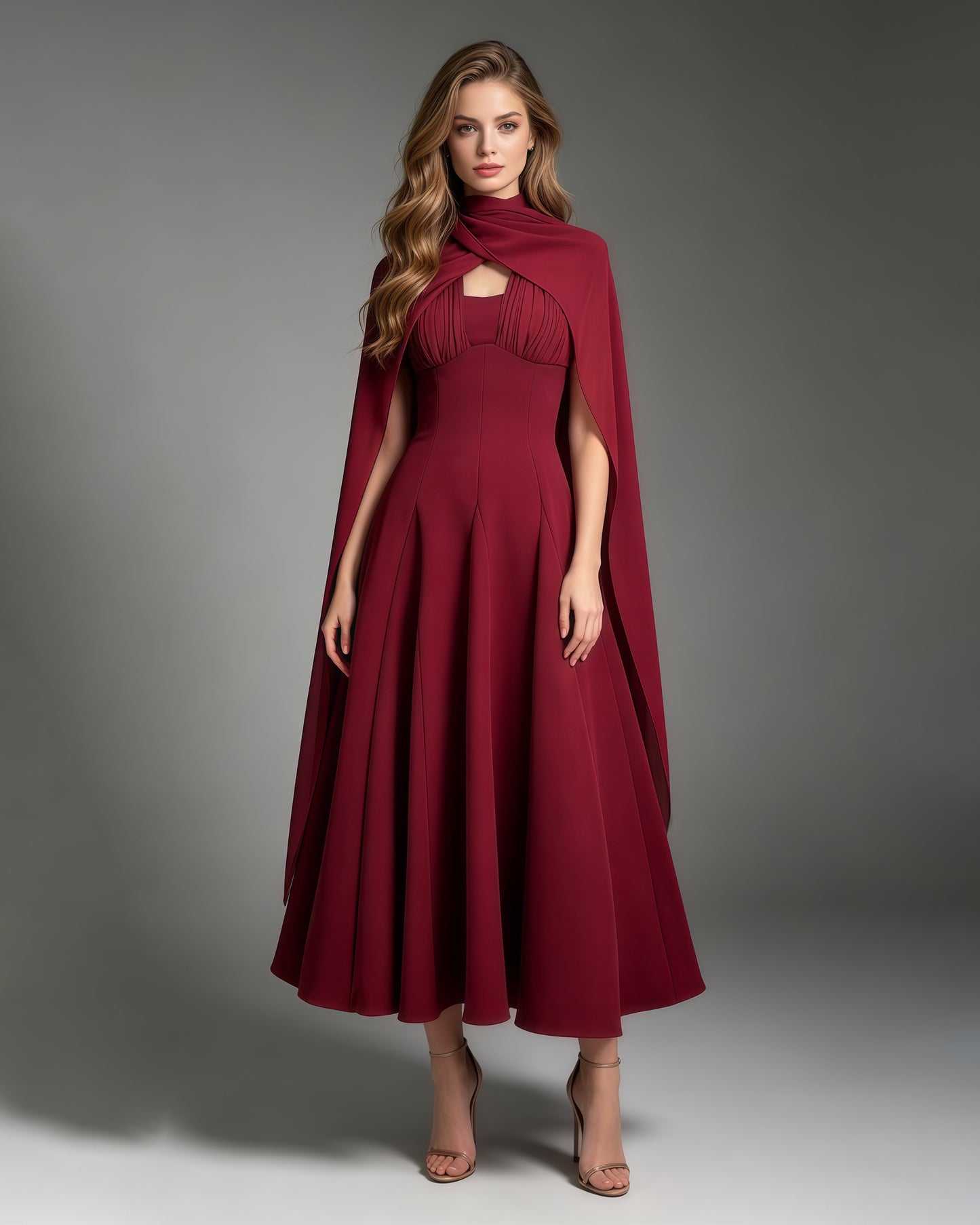 Burgundy Chiffon Evening Gown with Cape