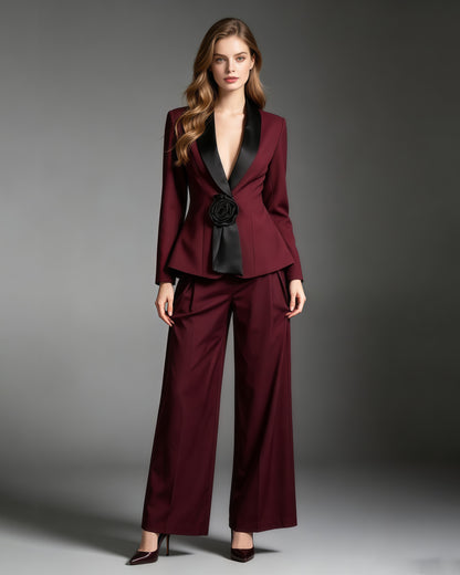 Burgundy Collar 3D Rose Blazer Wide Leg Pants Set