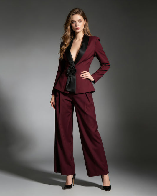 Burgundy Collar 3D Rose Blazer Wide Leg Pants Set