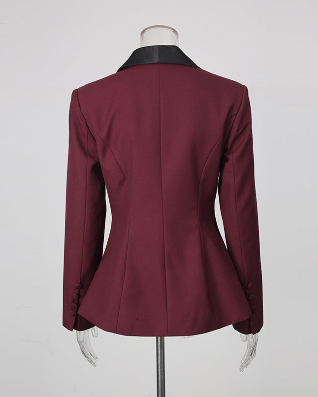 Burgundy Collar 3D Rose Blazer Wide Leg Pants Set