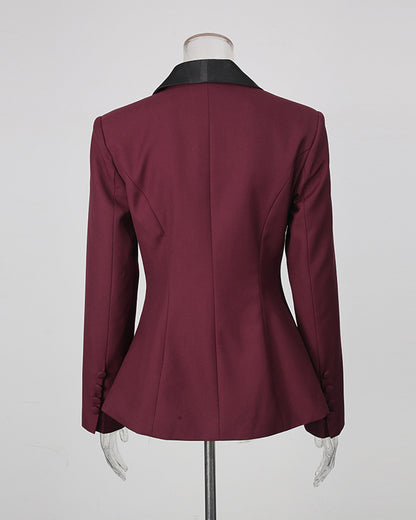 Burgundy Collar 3D Rose Blazer Wide Leg Pants Set