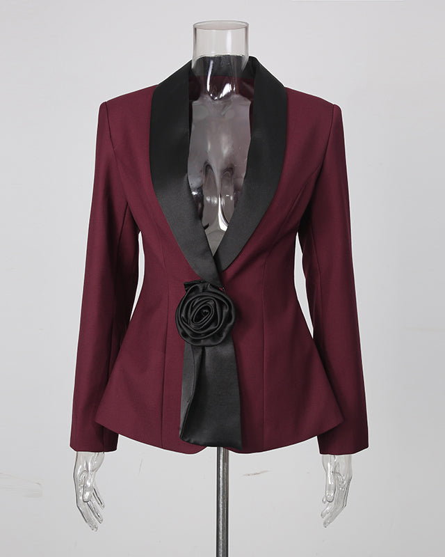 Burgundy Collar 3D Rose Blazer Wide Leg Pants Set