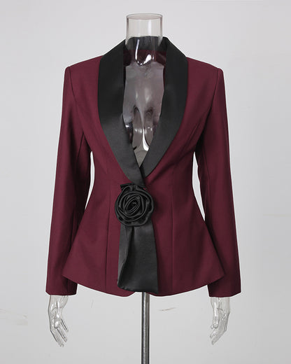 Burgundy Collar 3D Rose Blazer Wide Leg Pants Set