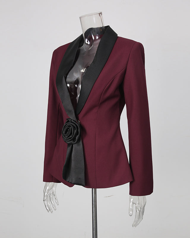 Burgundy Collar 3D Rose Blazer Wide Leg Pants Set