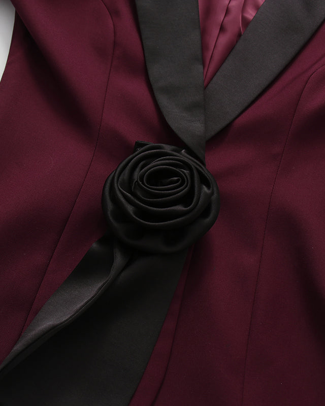Burgundy Collar 3D Rose Blazer Wide Leg Pants Set