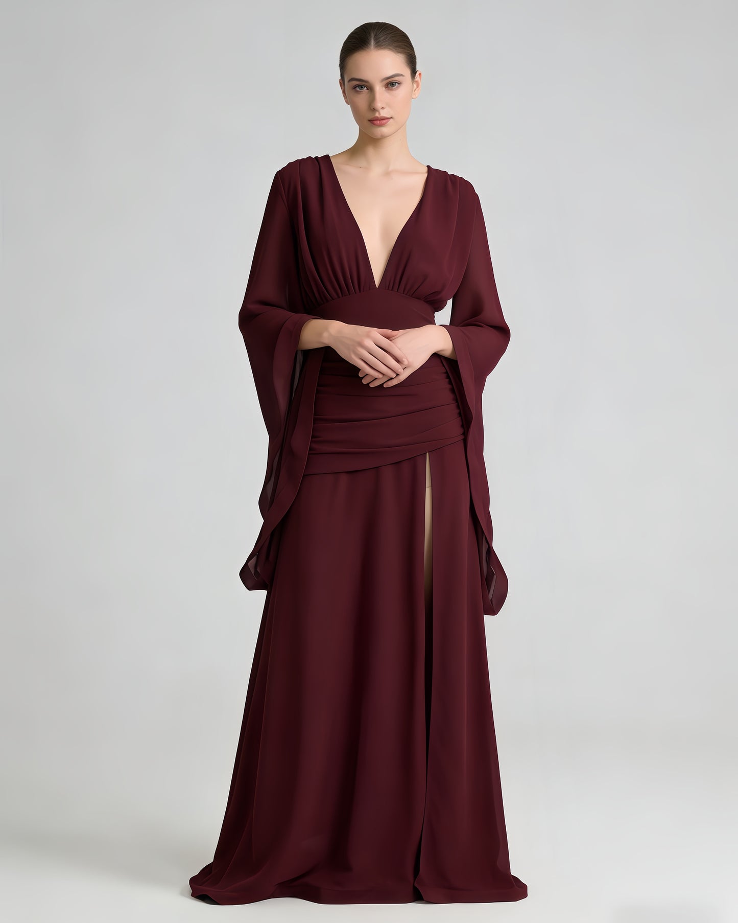 Burgundy Deep V Cape Sleeve Ruched Slit Maxi Dress