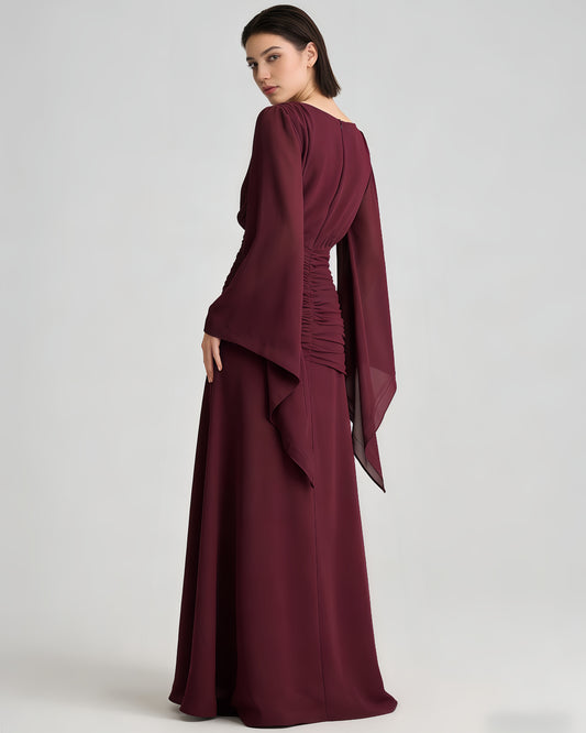 Burgundy Deep V Cape Sleeve Ruched Slit Maxi Dress