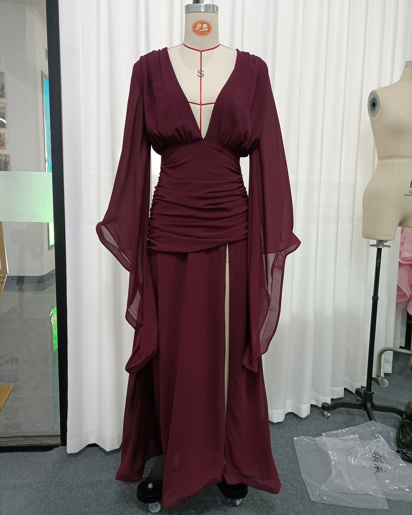 Burgundy Deep V Cape Sleeve Ruched Slit Maxi Dress