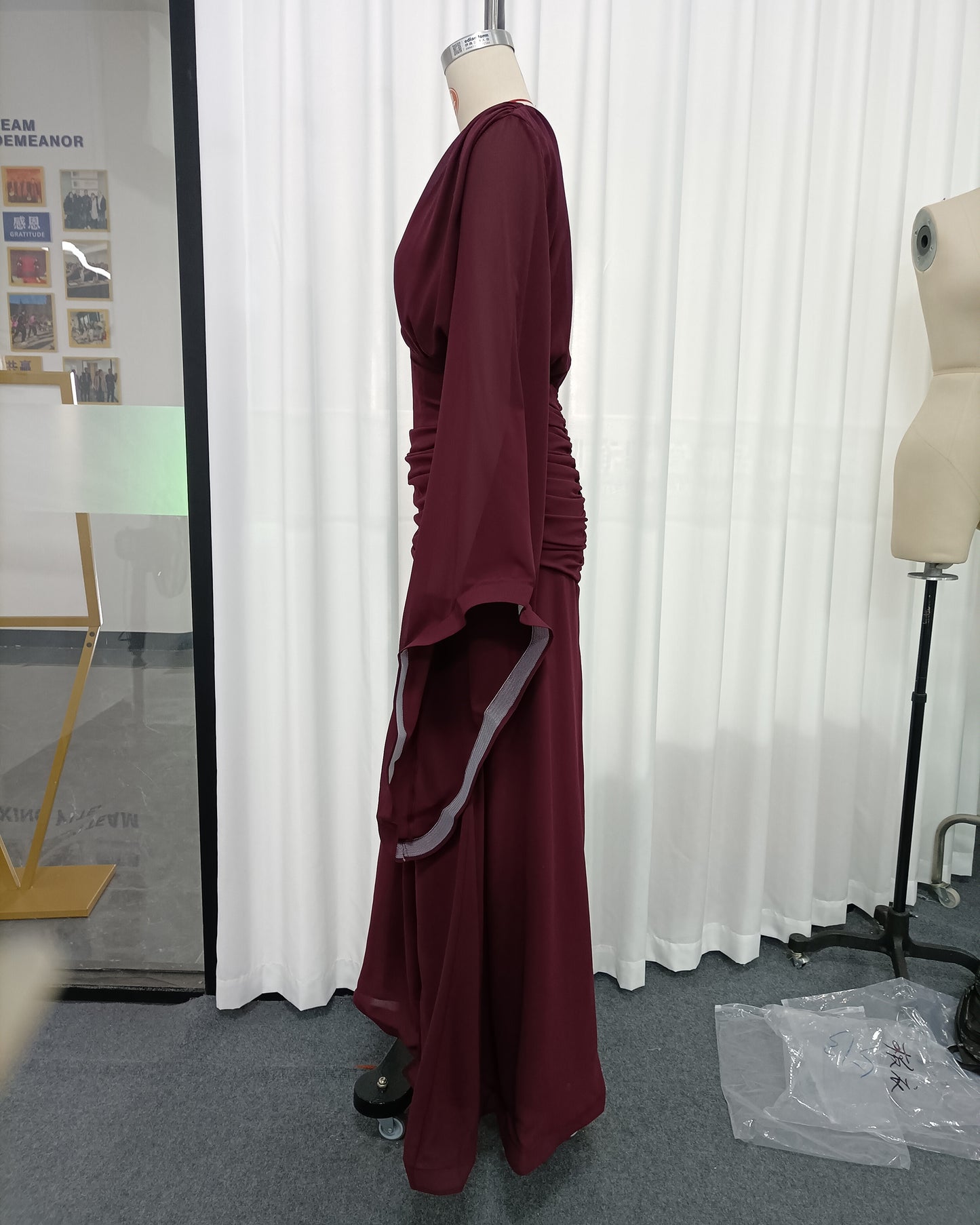 Burgundy Deep V Cape Sleeve Ruched Slit Maxi Dress