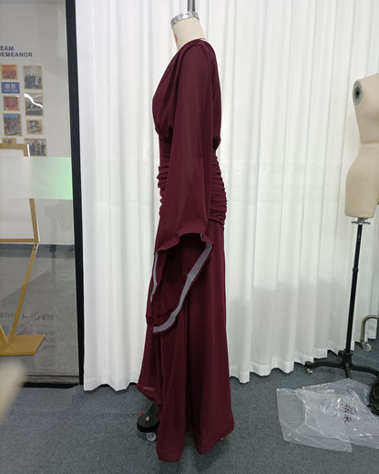Burgundy Deep V Cape Sleeve Ruched Slit Maxi Dress