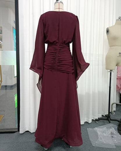 Burgundy Deep V Cape Sleeve Ruched Slit Maxi Dress