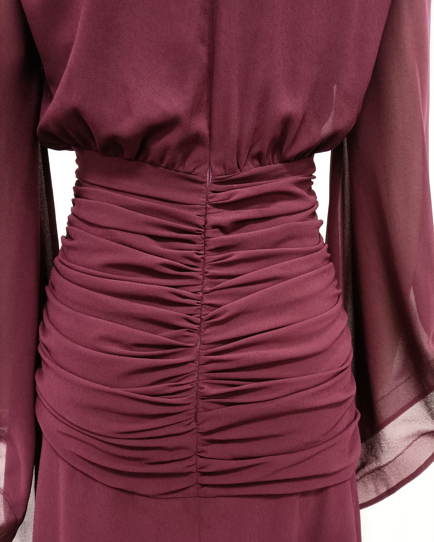 Burgundy Deep V Cape Sleeve Ruched Slit Maxi Dress